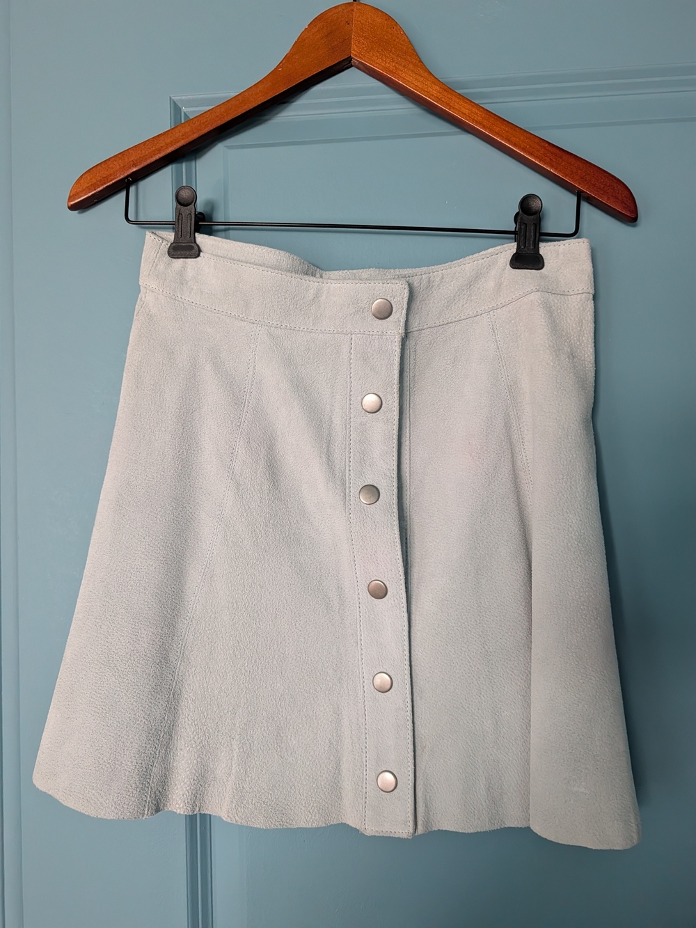 100% Suede Button-Front A-Line Skirt in Light Blue